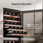 Ca'Lefort 90 Bottle Wine Fridge - 24 Inch Dual Zone Wine Cooler 40-65°F with Bottom Drawer, 10 Adjustable Shelves & 3 LED Lights, Energy Star Certified Built-in or Freestanding for Home/Bar/Kitchen