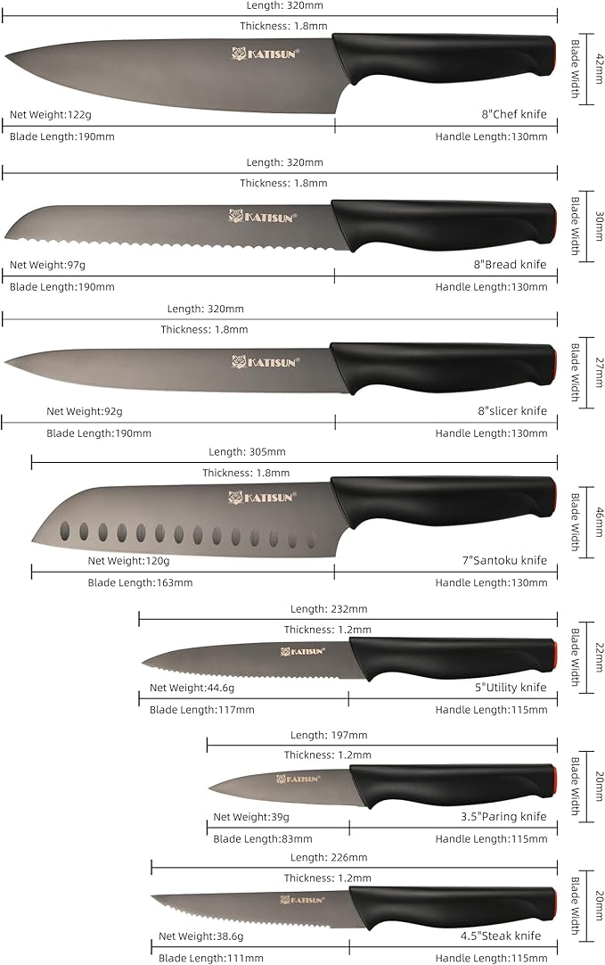 15-Piece Knife Set, High Carbon Stainless Steel Imported From Germany, Beveled Mercerized Blade, Black Titanium Stainless Steel Knives Block Set with Built-in Sharpener, Non-Slip Handles