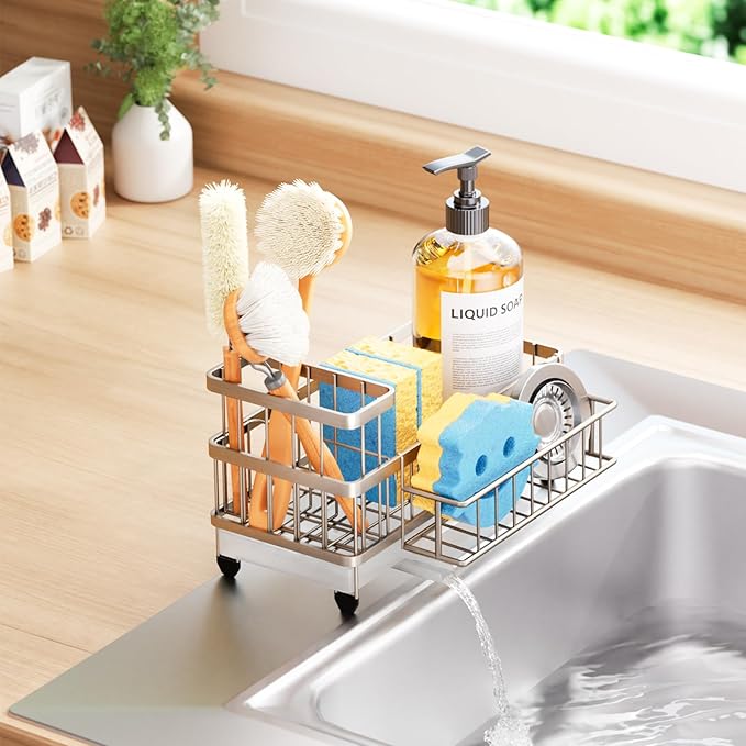 Consuemst Sponge Holder for Kitchen Sink - Auto Draining Sink Caddy Organizer with Detachable Rack, High Brush Holder, Kitchen Countertop Storage Accessories, Sand Nickel