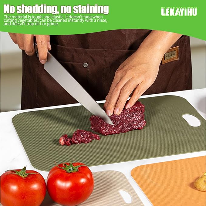 Plastic Cutting Boards Set of 3 for kitchen,Flexible Cutting Mats for Cooking, 100% Non-Slip Cutting Board for Fruit Meat and Vegatables, BPA-Free and Dishwasher Safe with knife (14 in Green/Orange)