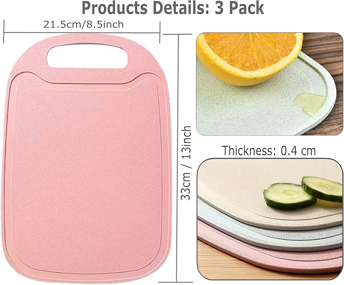 3 Pack Mini Kitchen Cutting Board Set Small Fruit Cutting Board Wheat Straw Plastic Cutting Boards Mats Dishwasher Safe, Juice Grooves, Thicker Boards Easy Grip Handle, Non Porous(13 Inch x 8.5 Inch)