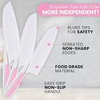 Zulay 3-Piece Kids Knife Set for Real Cooking & Baking - Toddler Knives for Cutting Fruits, Veggies, & Cake - Children’s Montessori Knife with Serrated Edges - Safe & Fun Lettuce Knife (Pink)