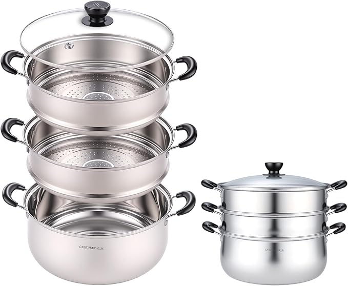 3 Tier Stainless Steel Steamer Pot For Cooking With Stackable Pan Insert, Food/Vegetable Steamer Cooker, Cookware Pot/Saucepan with Glass Lid, Multilayer By Lake Tian (26cm/10in)