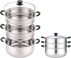 3 Tier Stainless Steel Steamer Pot For Cooking With Stackable Pan Insert, Food/Vegetable Steamer Cooker, Cookware Pot/Saucepan with Glass Lid, Multilayer By Lake Tian (26cm/10in)