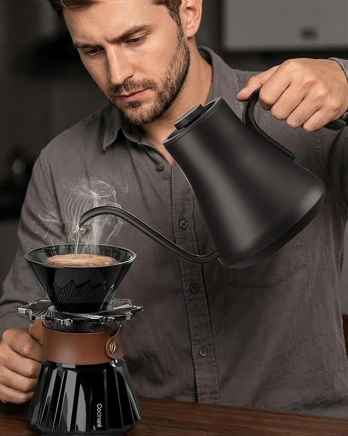 Cocinare Barista Collection Gooseneck Electric Kettle, ±1℉ Precise Temperature Control for Pour-Over Coffee & Tea, Quick Heating 1500W, Stainless Steel Interior, 0.9L (Matte Black)