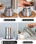 Sivaphe Stainless Steel Stovetop Espresso Coffee Maker, 6cups Espresso pot, 300ml Moka Campaing Coffee Pot, Induction Italian Mocha Pot with Step-by-step Instructions(1 Cup=50ml)