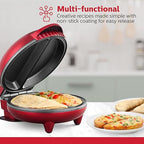 Holstein Housewares Stainless Steel 2 Section Omelet & Frittata Maker, Non Stick Coating, Easy To Clean, Indicator Lights, Compact Storage, Versatile Recipes in Minutes. 2 Portions, Metallic Red