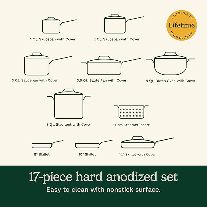 Cuisinart 17-Piece Pots and Pans Set, Non Stick Hard Anodized Cookware Set, Compatible with Electric, Gas Cooktops, Dishwasher Safe, Oven Safe Pot Set, Cool Grip Handles, Aluminum Core for Even Heat