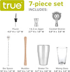 True 7-Piece Barware Set for Mixed Drinks and Cold Brew Cocktails, Includes Boston Cocktail Shaker Tin, Mixing Glass, Jigger, Muddler, Strainer, Bar Spoon, Pour Spout for Home Bar, Bartender Gifts