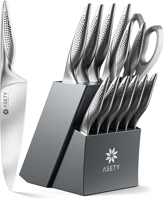 ASETY Knife Set - Ultra Sharp Knives Set for Kitchen with block, 15 PCS Stainless Steel Knife Set with Built-in Sharpener, Ergonomic Non-Slip Handle, Elegant Box for Men Women