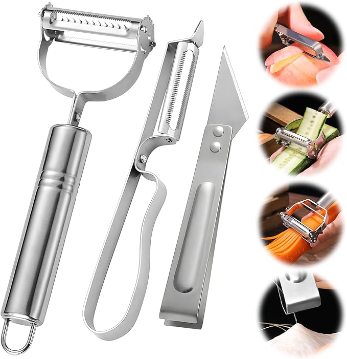 3PCS Set Multi-function Vegetable Peeler, Upgraded Stainless Steel Julienne Peeler, Carrot Potato Melon Fruit Peelers, Fruit Peeler Carrot Shredder Potato Peelers for Home Kitchen Gadget