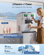 VEVOR Commercial Ice Cream Machine, 34-44L/H Yield, Dual-Compressor Freestanding Soft Serve Ice Cream Maker with 2 * 10L Hoppers & 3 Flavors, Pre-Cooling Puffing Low-Mix Alert for Snack Dessert Shops