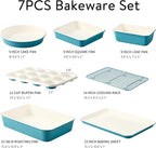 CAROTE 7-Piece Ceramic Baking Pans Set, Aluminized Steel Bakeware Sets, Toxin-Free Nonstick Stackable Oven Pans with Cookie Sheet, Muffin Pan, Loaf Pan, Roasting Pan, Cake Pans, Cooling Rack