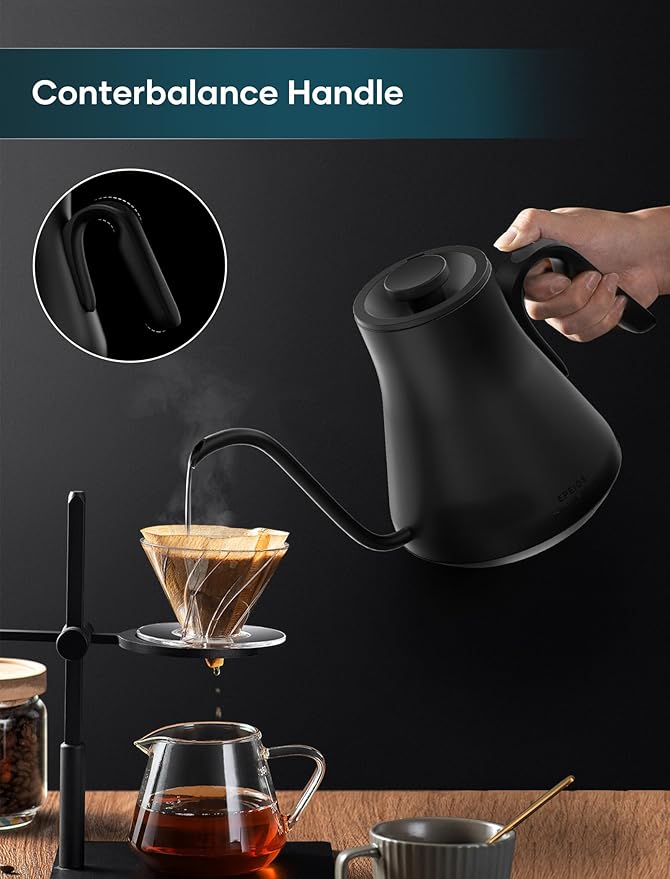INTASTING Gooseneck Electric Kettle with ±1℉ Temperature Control for Pour Over Coffee & Tea, Quick Heating, BPA-Free Stainless Steel, Built-in Brew Timer, 1500W/0.9L (Ebony Black)