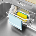 Cisily Kitchen Sink Caddy Sponge Holder in The Sink, Stainless Steel Kitchen Sink Organizer, Brush Holder, Dish Cloth Hanger, Sink Stopper Holder with Suction & Adhesives Installation Ways (White