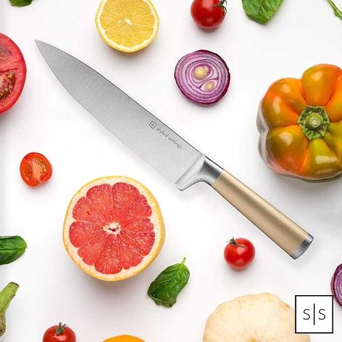 Gold Knife Set with Walnut Block – 13-Piece Full Tang Stainless Steel Kitchen Knives – Durable Gold Kitchen Accessories for Cooking and Food Prep