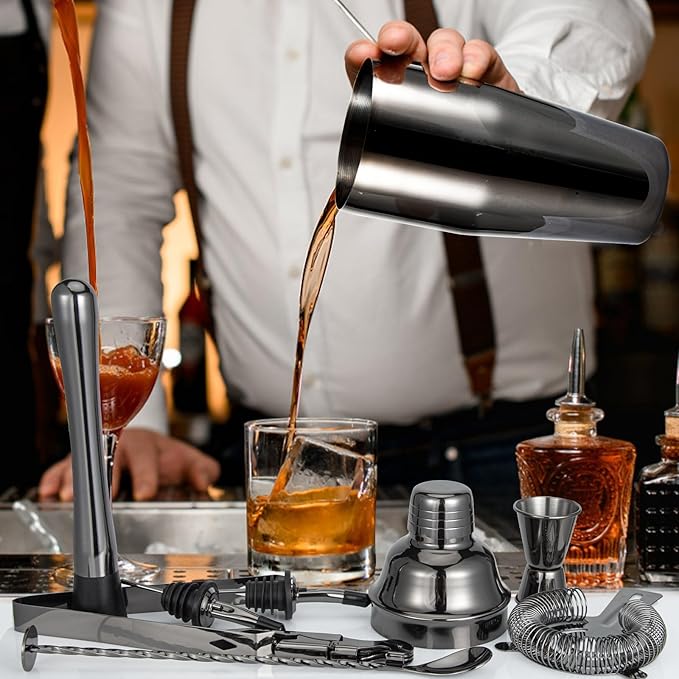 Black Cocktail Shaker Set, Premium 18/8 Stainless Steel Mixology Bartender Kit with Stylish Bamboo Stand 10-Piece Bar Tools & Accessories for Home Bar for Men, Dad, Husband