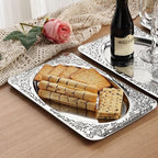 Elegant Dining Hosting Bundle: 4-Pack Vintage Floral Silver Serving Trays (11.4" x 7") & 20-Piece Hammered Silverware Set for 4, Premium Stainless Steel Party Platters and Lava Texture Cutlery Set
