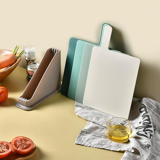 Plastic Cutting Boards for Kitchen, 4-Pieces Cutting Board With Food Icons And Storage Stand, Easy Grip Handle, Professional Chopping Board Set for Meat, Veggies, Fruits（12.9"X 9.4" X 3.1")