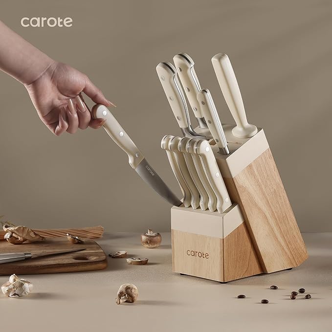 CAROTE 14 Pieces Knife Set with Block, Forged, High Carbon Stainless Steel Sharp Blade Block Knife Set, Dishwasher Safe Cutlery, Cream (Pack of 2)