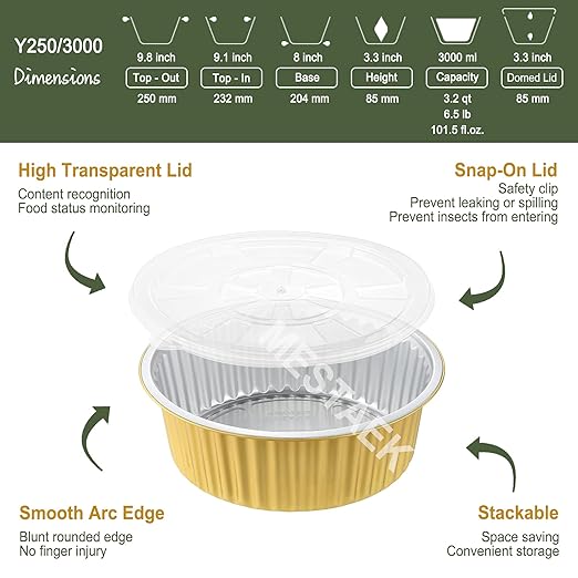 10" Deep Round Aluminum Foil Pans with Lids (5 Pack), Heavy Duty Grease-Resistant Foil Containers for Baking, Heating, Meal Prep & Food Storage, 3" Depth, 101oz