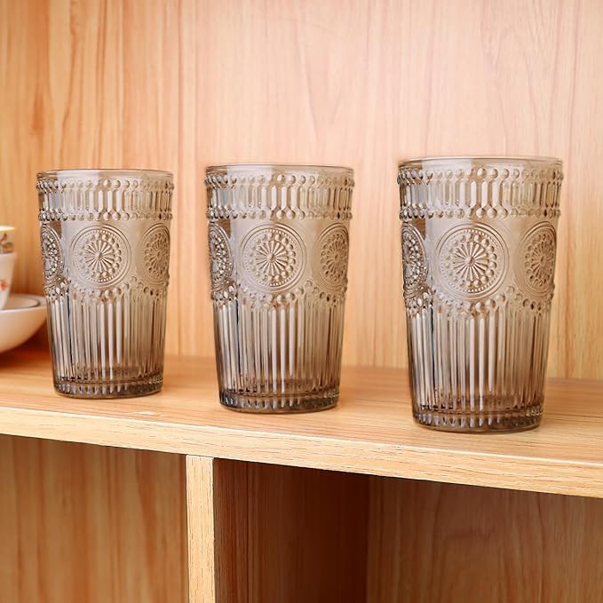 Loivttvv 6pcs Vintage Drinking Glasses Set, 12 oz Tawny Highball Glasses, Embossed Ribbed Glassware Cups for Cocktail, Water, Juice, Coffee, Whiskey