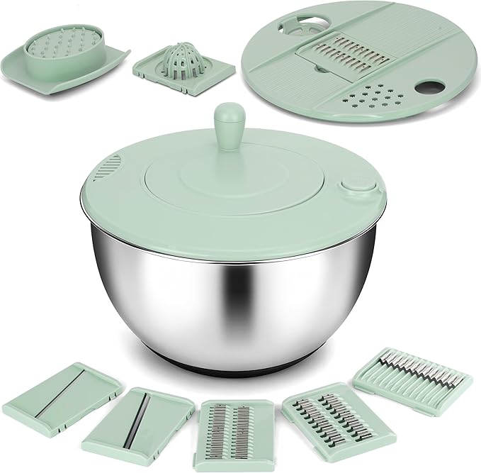 Unokit Stainless Steel Salad Spinner - Large Spinner with Non-Slip Base and 5 Blade Slicers, Dishwasher Safe Lettuce Spinner for Efficient Salad Preparation and Food Washing in Kitchen