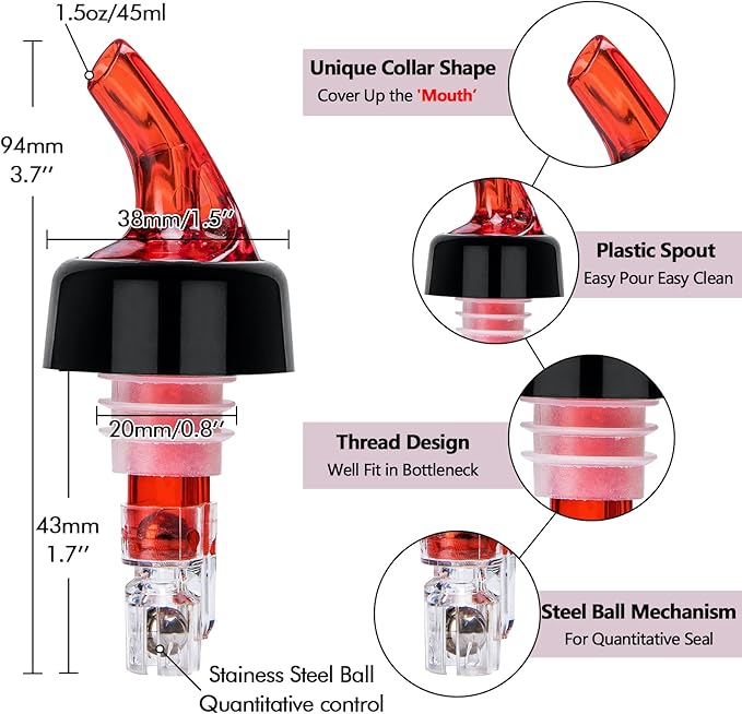 LINALL Automatic Measured Bottle Pourer - Pack of 4, 1 oz (30 mL) Quick Shot Spirit Measure Pourer Drinks Wine Cocktail Dispenser Home Bar Tools (Red 4pcs) (4)