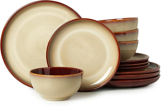 Pokini Stoneware Dinnerware Sets, Ceramic Plates and Bowls Set, Microwave & Dishwasher Safe Kitchen Dish Set, Modern Dinner Salad Plates | Cereal Bowls for 4, Dishware Sets Brown Yellow