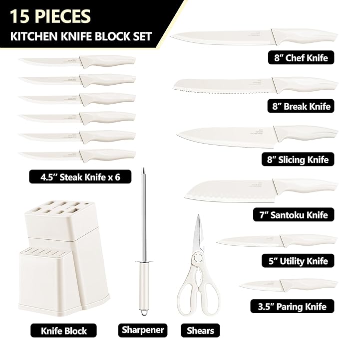 E-far Knife Set with Block, 15 Pieces Kitchen Knife Block Set with Sharpener, High Carbon Stainless Steel Sharp Chef Knife Set with Ergonomic Handles, Anti Rust, White