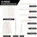 E-far Knife Set with Block, 15 Pieces Kitchen Knife Block Set with Sharpener, High Carbon Stainless Steel Sharp Chef Knife Set with Ergonomic Handles, Anti Rust, White