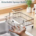 Consuemst Sponge Holder for Kitchen Sink - Auto Draining Sink Caddy Organizer with Detachable Rack, High Brush Holder, Kitchen Countertop Storage Accessories, Sand Nickel