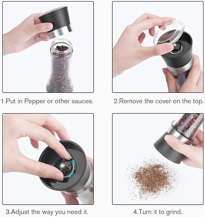Hotder Premium Pepper and Salt Grinder Set of 2-Refillable Coarseness Adjustable Pepper Mill Shaker with Glass Body for Home,Kitchen(Two Pack)