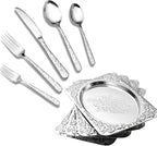 Elegant Dining Hosting Bundle: 4-Pack Vintage Floral Silver Serving Trays (11.4" x 7") & 20-Piece Hammered Silverware Set for 4, Premium Stainless Steel Party Platters and Lava Texture Cutlery Set