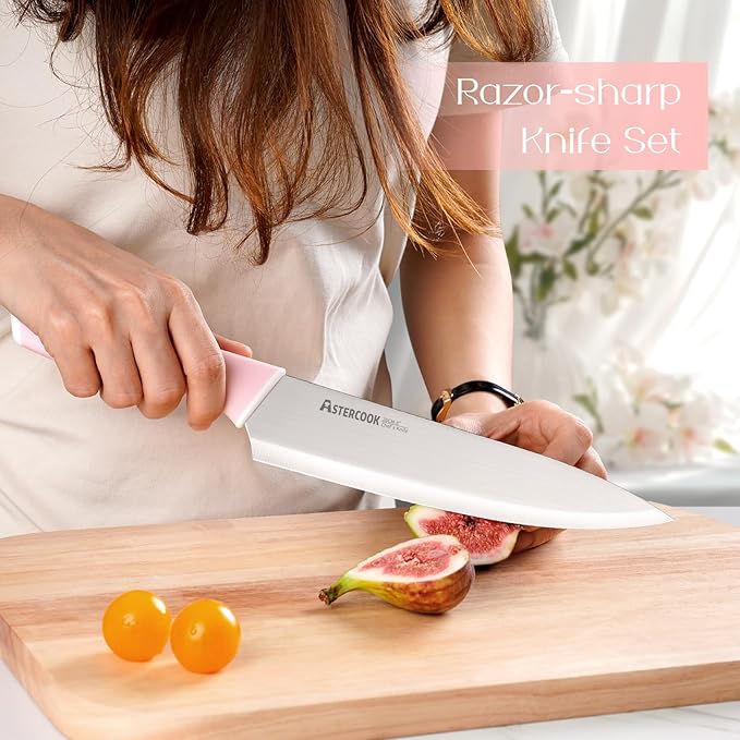 Astercook Knife Set, Kitchen Knives Set with Block and Sharpener 15 Pcs German Stainless Steel Knives Sharp Blade Dishwasher Safe Deba Knives with Ergonomic Handle, Crystal Pink