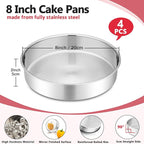 P&P CHEF Cake Pan Set of 4, Stainless Steel Baking Round Cake Pans Tins Bakeware for Birthday Wedding, Leak-proof & Easy Clean, Mirror Finish & Easy Releasing, 8 Inch