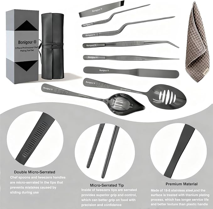 Chef Plating Tools,Professional Culinary Plating Tool Set,Chef Garnish Tools Kit,Fish Tweezers,Pastry Spatula,Cake Decorating Tweezers for Molecular Gastronomy (Black)