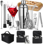 16 Pcs Bartender Kit Bag with Stand Portable Cocktail Shaker Set, 25oz Stainless Steel Barware Kit with Jigger, Strainer, Spoon, Ice Tongs, Gift for Cocktail Lover Travel