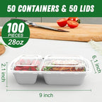 Dealusy 50 Pack (100-Piece) 28 oz Meal Prep Containers Reusable with Lids 2-Compartment, Sturdy Leakproof Food Safe, Microwave Freezer Dishwasher Safe, To Go Take Out Plastic Food Storage, Silver