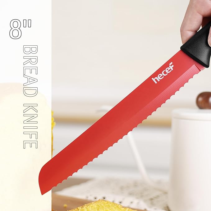 hecef 15 Pieces Kitchen Knife Set with Built-in Sharpening Wooden Block, Dishwasher Safe, High Carbon Stainless Steel Knife Block Set with Steak Knives, Kitchen Scissors (Red)