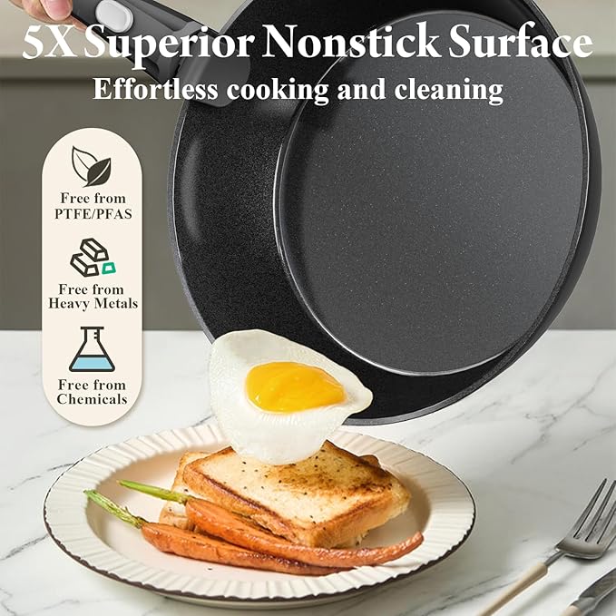 Bazova 19 Pcs Pots and Pans Set Non Stick Ceramic Cookware Set with Removable Handles, Non Toxic Induction Kitchen Cookware Sets RV Cookware,Dishwasher/Oven Safe PFAS/PTFE/PFOA Free,Black