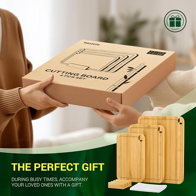 Bamboo Cutting Boards for Kitchen with Holder & Silicone Mat, Lightweight & Knife-Friendly Wood Cutting Board Set with Side Handles and Juice Grooves, Natural