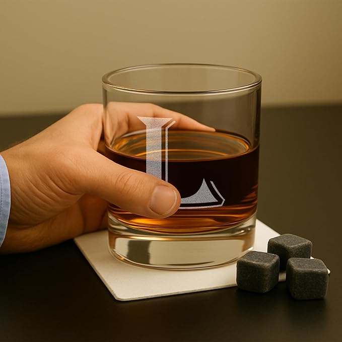 On The Rox (L-Monogram)- 4 Piece Set of 11 Ounce Engraved Heavy Base Rocks Glasses Elegant Glass-Multi-Purpose Beverage-Rocks Glass- Gift for any Occasion
