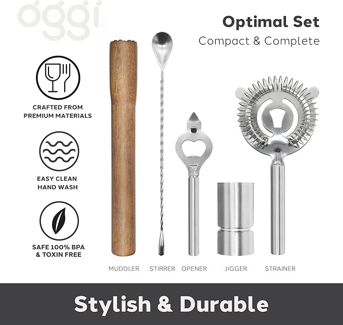 OGGI 6-Piece Slim Bartender Kit - Ideal Bar Cart Accessories, Great Decor and Accessories for the Home Bar, Bartending Kit - Acacia Base & Muddler, Stainless Stirrer, Opener, Jigger, Cocktail Strainer