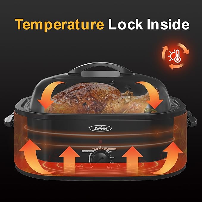 Sunvivi 22lb 18-Quart Roaster Oven, Electric Roaster Oven with Self-Basting Lid, Turkey Roaster with Unique Defrost/Warm Function, Large Roaster with Removable Pan & Rack, Stainless Steel, Black
