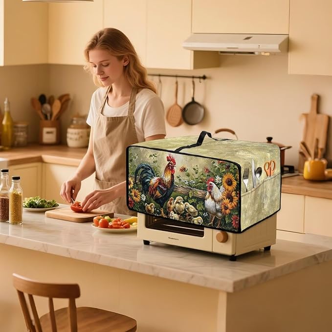 Rooster Sunflower Print Toaster Oven Dust-proof Cover Heat-Resistant Kitchen Small Appliance Air Fryer Covers Universal Washable Microwave Oven Covers (Small-14.5 * 18.46 * 9 inches)
