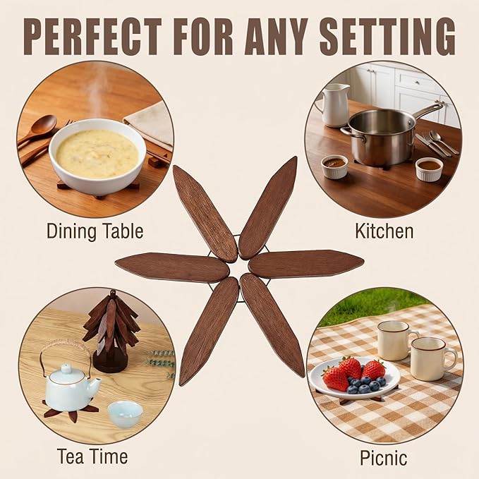 Bamboo Trivets for Hot Dishes, Tree Shape Trivet Set, 5 Bamboo + 1 Stand stored Like a Tree,Foldable Kitchen Wooden Trivet, for Hot Pot Holders for Pots, Bowls and Teapot
