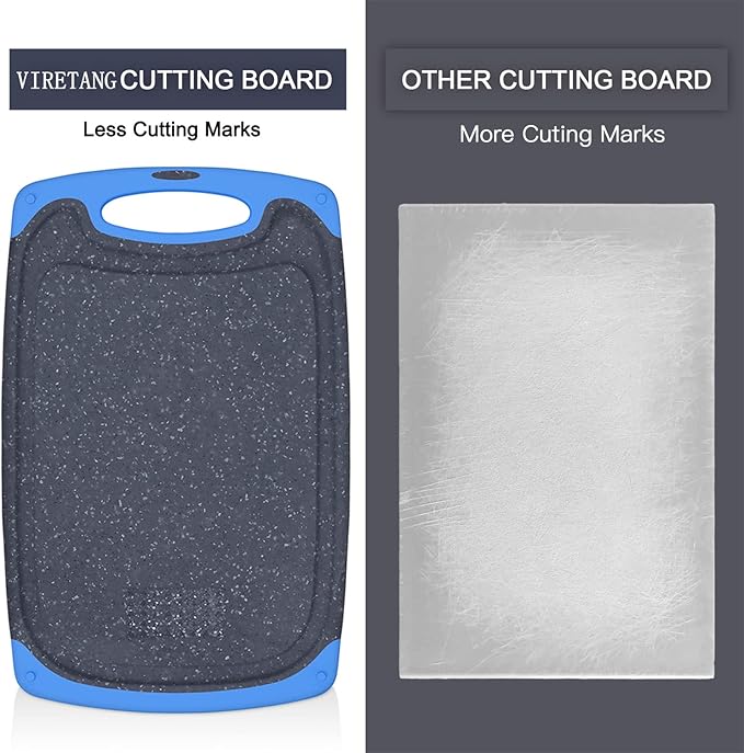 Plastic Cutting Board, 3 Pieces Dishwasher Safe Cutting Boards with Juice Grooves, Easy Grip Handle, Non-Slip, with Grinding Area for Grinding Garlic and Ginger（blue）