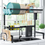 Sakugi Over The Sink Dish Drying Rack - Adjustable 2 Tier Large Capacity Stainless Steel Drainer with Cutlery & Utensil Holders, Kitchen Storage & Organization, 30"-33.9" L x 11" W x 21.5" H, Black
