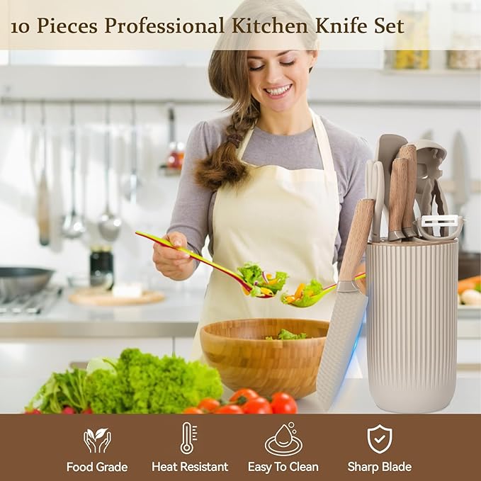 Knife Set, 10 Pieces Professional Kitchen Knife Set with Universal Knife Block, Non-stick Heat Resistan Kitchen Tools and Gadgets with Wooden Handle (Khaki)